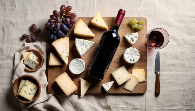 Cheese and wine selection on a wooden board with grapes and knife Generative AI