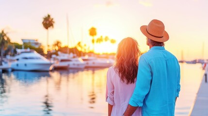 Fototapeta premium Sunset Serenade: A couple, hand in hand, shares a breathtaking view of a serene harbor bathed in the warm, golden hues of sunset, promising an evening of romance and tranquility.