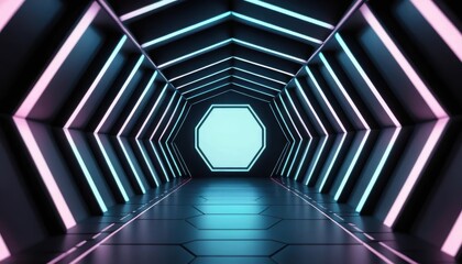 Fototapeta premium Futuristic hallway with vibrant neon lights and geometric design Generative AI