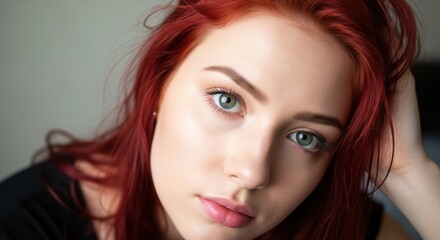Fototapeta premium Radiant Elegance: A captivating portrait captures a woman's serene gaze, her vibrant red hair cascading around her face, beautifully accentuating her soft features. 