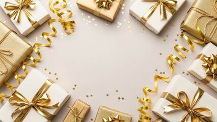 Wrapped in Celebration: A collection of elegantly wrapped gifts, adorned with ribbons and bows, forms a festive frame, perfect for special occasions.