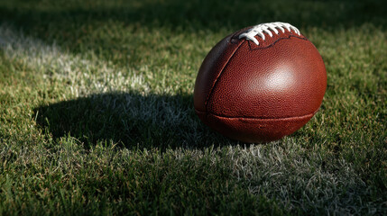 American football with soft shadow on green grass sport field. quiet, dramatic overhead view of ball awaiting big game