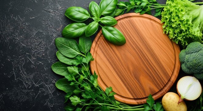 Fresh Greens Culinary Canvas: An appetizing array of vibrant greens artfully arranged around a rustic wooden cutting board, inviting culinary creativity and visual delight.