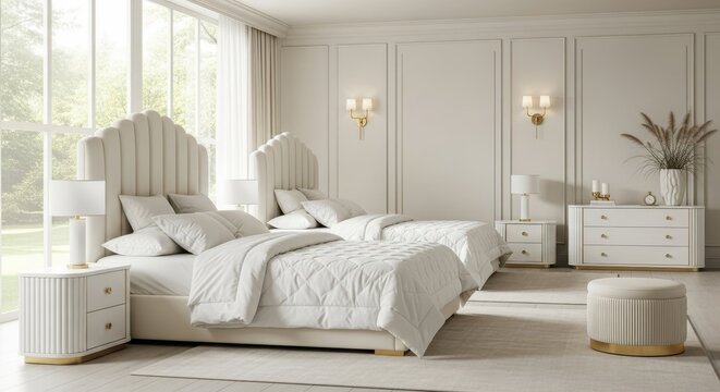 Elegant Bedroom: A serene bedroom setting radiates tranquility, with two inviting beds, soft lighting, and sophisticated décor creating a haven of calm.