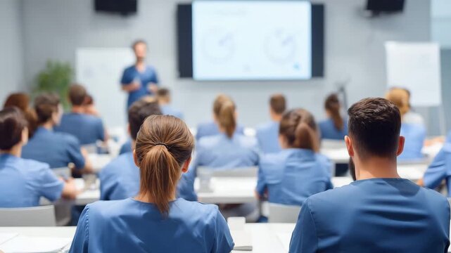 A group of healthcare workers in blue scrubs engages in a training session led by an instructor in a well equipped classroom