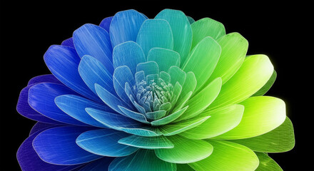 Vibrant succulent plant with stunning gradient color transition from deep blue to bright lime green petals against a stark black background