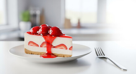 Slice of delicious strawberry cheesecake with topping served on a white plate with a fork in a bright kitchen setting