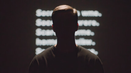 Silhouette of focused man in dark room standing before an interactive projection screen showing data. mysterious concept of technology