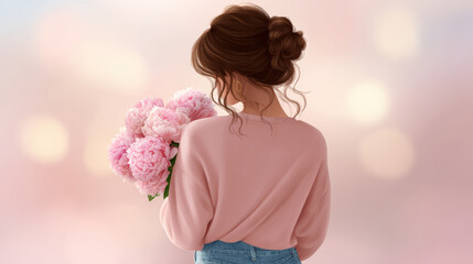 Elegant illustration of woman in pink sweater from back view, holding flower bouquet. gentle and romantic mood with soft pastel bokeh