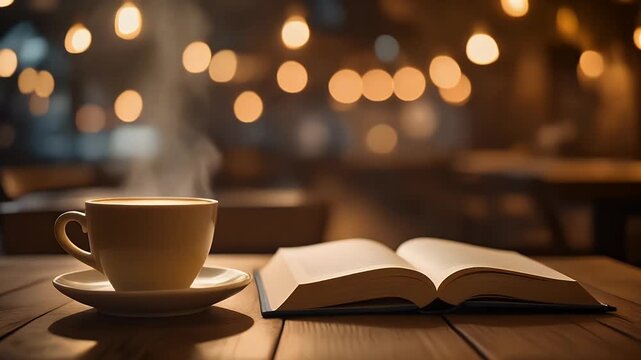Cozy Coffee Cup and Book on Wooden Table in Cafe.
