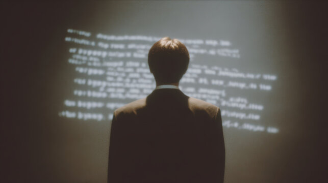 Contemplative man standing in dark room, watching large projection screen with code and data, mysterious future of business technology