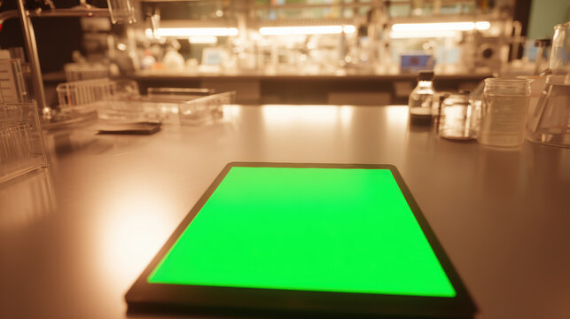 Close up digital tablet mockup with green screen for innovative science and technology research in modern laboratory background