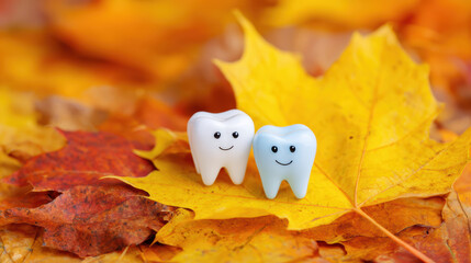Happy white tooth models smile on colorful autumn yellow maple leaf background. cute and clean dental concept for fall oral hygiene care