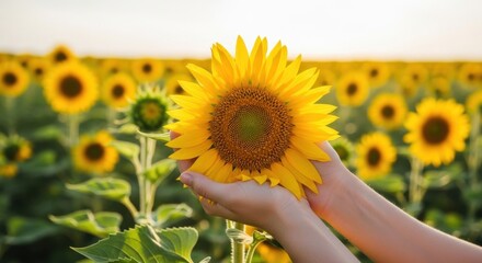 Fototapeta premium Hands holding a bright yellow sunflower in a field.