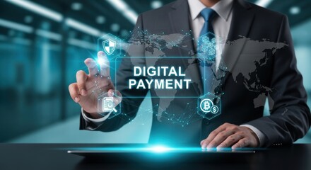 Businessman interacting with digital payment interface on world map