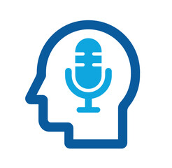 A blue outline of a human head contains a stylized microphone icon, symbolizing communication and thought.