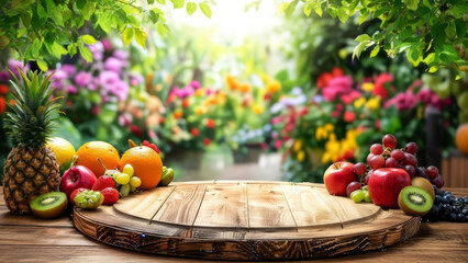 Wooden cutting board display surrounded by fresh tropical and garden fruit in a vibrant, sunlit outdoor setting with colorful flowers in the background