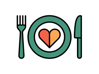 A green plate with a heart-shaped illustration sits between a fork and knife, representing healthy eating.