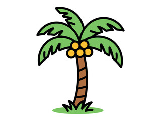 A simple cartoon illustration of a coconut palm tree with green fronds and a brown trunk standing in grass.