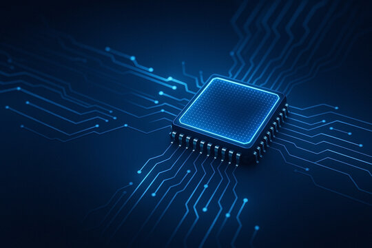 Computer microchip on motherboard, AI chip on circuit board, central computer Processor CPU concept.