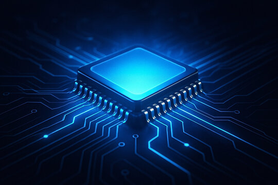 Computer microchip on motherboard, AI chip on circuit board, central computer Processor CPU concept.