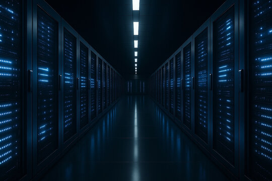 Server racks in modern server room data center - 3d illustration.