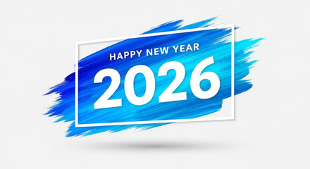 Happy new year 2026 greeting card design with bold white number on vibrant blue watercolor brush stroke isolated on white background