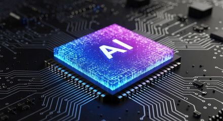 Closeup of a glowing blue and purple microchip with the letters ai illuminated, representing artificial intelligence technology on a dark circuit board