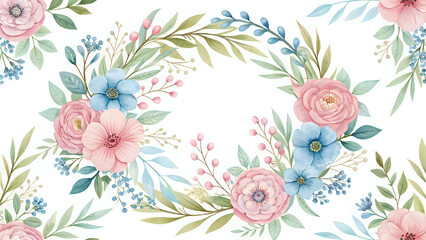 floral background with flowers, Watercolor floral wreath pattern, elegant pastel palette, seamless