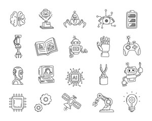 Technology set in outline line art for advanced ai mechanisms with circuits processor automation tool and innovative engineering concepts themed robotics communication devices for your projects