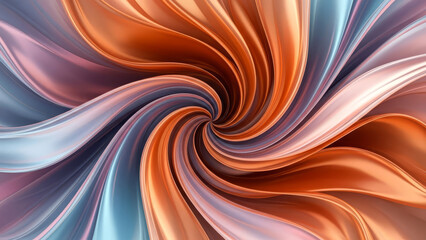 Abstract background with swirling, flowing ribbons of iridescent copper, blue, and pink fabric creating a hypnotic spiral pattern