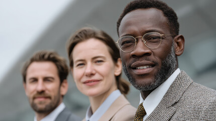Diverse corporate team of professional business person colleagues. confident portrait of smiling leader and successful coworkers outdoors