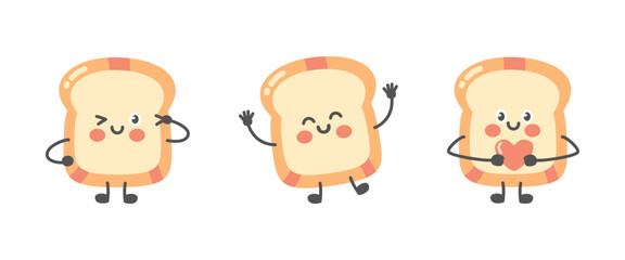 Cute toast bread character illustration set. Slices of bread with happy faces in various poses like waving, winking, and holding a heart. Kawaii breakfast food mascot concept. Modern flat cartoon.