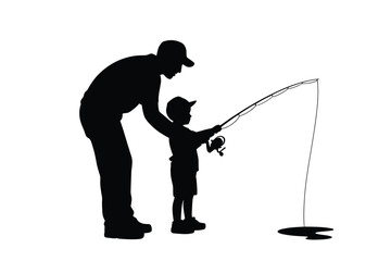 Silhouette of father and son fishing together bonding and learning © tarek