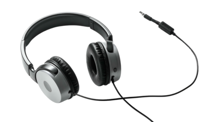 Sleek gray headphones with black cord, angled view