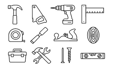 Set of Hand Tool and Power Tool Line Icons