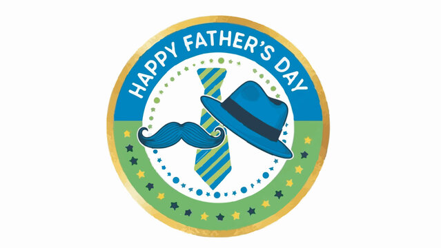 Happy Father's Day" vector label design with hat, tie, and mustache isolated on white background