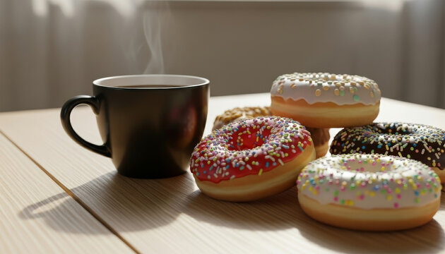 Steaming hot coffee in a dark mug next to a pile of assorted colorful frosted and sprinkled donuts on a wooden table