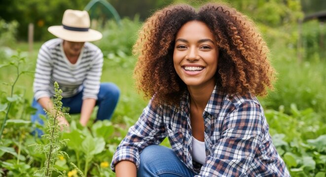 Smiling woman gardening with companion in organic farm - Powered by Adobe