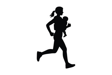 Silhouette of a mother running with baby in a carrier