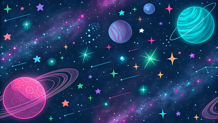 Space stars pattern, neon planets and constellations, seamless