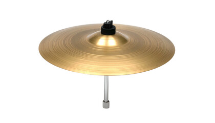 Metallic cymbal atop silver stand against black backdrop