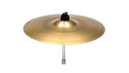 Metallic cymbal atop silver stand against black backdrop