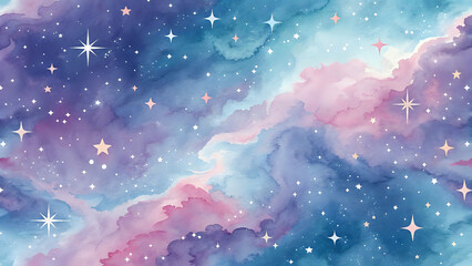 Watercolor pattern, stars and nebula, dreamy pastels, seamless