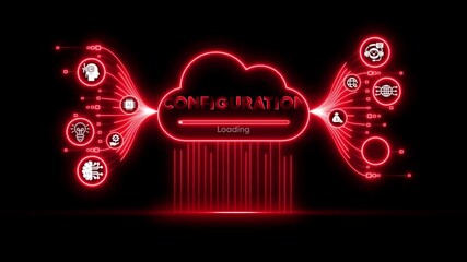 Digital Data Cloud: A neon graphic, pulsating with digital information, visualizing the cloud-based data configuration and its loading progress. - Powered by Adobe