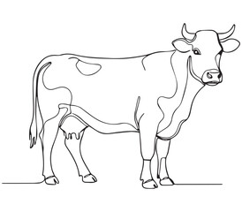 Minimal Continuous Line Art Vector of Standing and Grazing Cows on White Background
