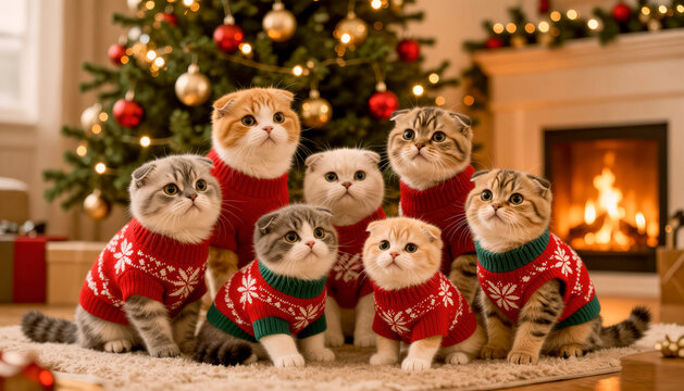 Gatti Natale Maglione Albero Camino