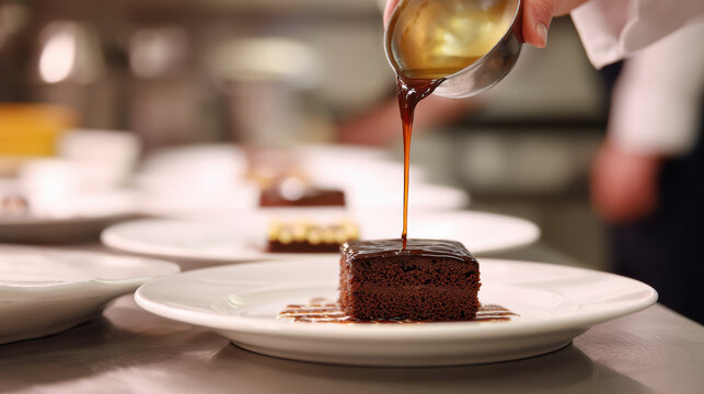 Professional chef in restaurant kitchen plating gourmet chocolate cake dessert, carefully pouring sweet sauce for final elegant touch - Powered by Adobe