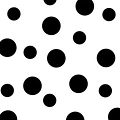Seamless black and white polka dot pattern with random scattered monochrome dots. Simple abstract background suitable for textile, fabric, posters, cards, and wrapping designs