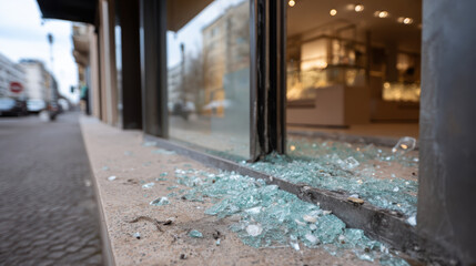 Broken storefront window with glass fragment on sidewalk. aftermath of crime and damage creating scene of urban destruction and chaos